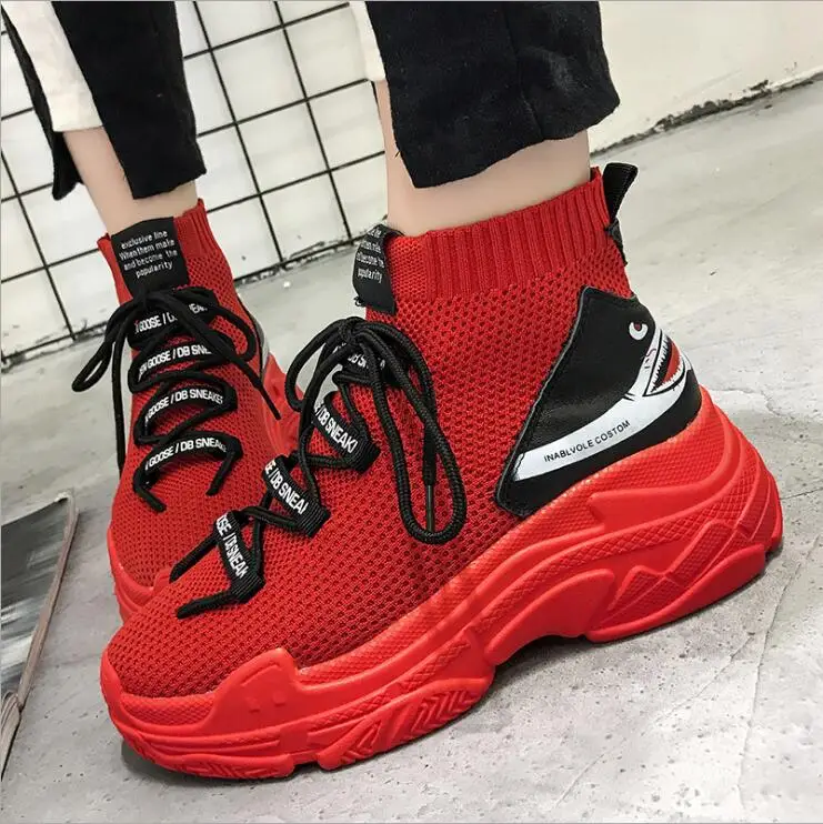 

2019 New High top Gym Shoes Trainers Breathable Leisure Red Sneakers Woman Casual Shoes Flat Platform Heels shoes