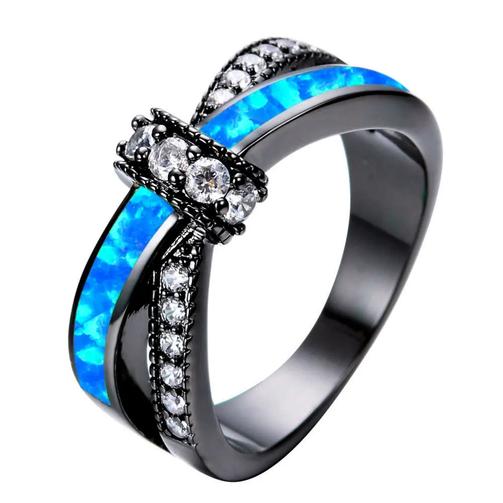 Уникальное кольцо с огненным опалом для женщин, высокое качество, волнистое ювелирное изделие, Черное золото, обручальное кольцо, подарки, очаровательное женское украшение - Цвет основного камня: Blue