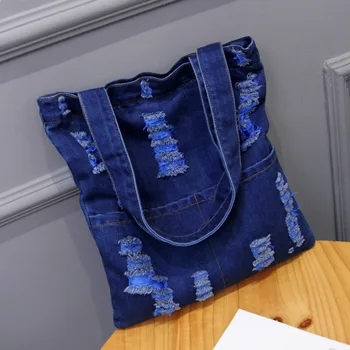 

jxh-14 Washed denim Totes female hole Denim Canvas Bag simple Literary style Women Shoulder Bag