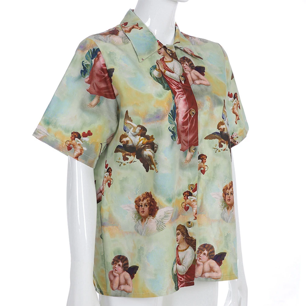 Vintage Angel Print Shirt Summer Aesthetic Cardigan Casual Turn-down Collar Short Sleeve Women Tops Fashion Woman Blouses 2019