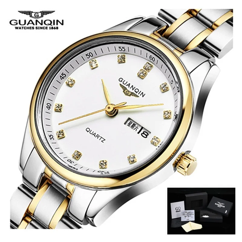 Beste GUANQIN Vrouwen Horloge Dual Kalender Diamant Vrouwen Jurk Strass Quartz Horloge Mode Luxe Merk vrouwen Horloge Montre Femme