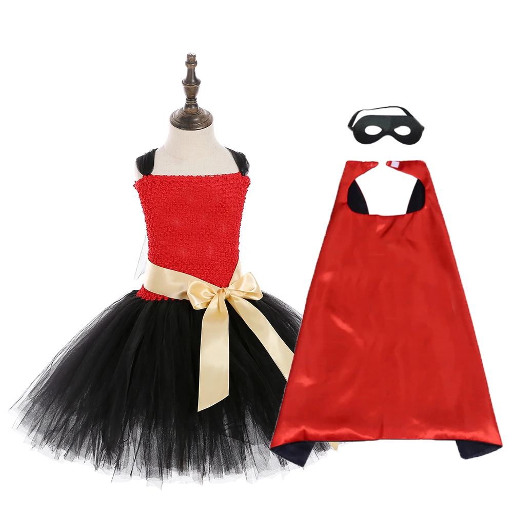 

Red Black Surreal Comics Superhero Cosplay Halloween Costume for Kids Super Hero Pattern Knee Length Tutu Dress with Cloak Mask