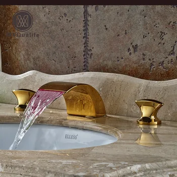 

Luxury LED Color Changing Waterfall Basin Faucet Dual Handles 3 Holes Golden Brass Bathroom Mixer Tap