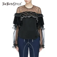 TWOTWINSTYLE Ruffles Patchwork Lanterna Manga de Malha Camisa Feminina Blusa Tops Para As Mulheres Da Moda Primavera Verão Roupas Doce(China)