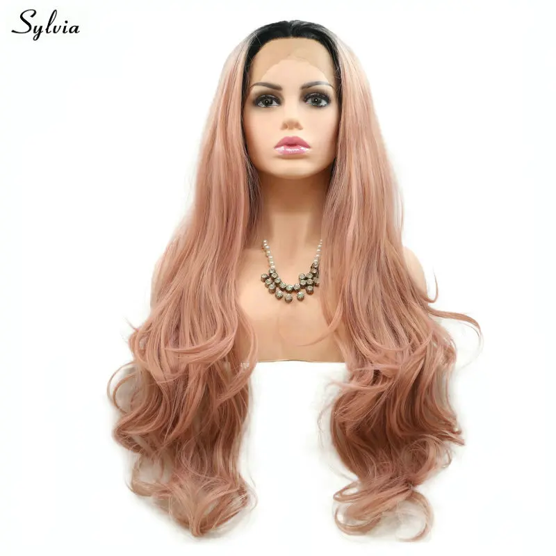 

Sylvia Ombre Natural Wavy Wigs Rose Gold Pink Wig Synthetic Lace Front Wigs Heat Resistant Fiber Hair With Dark Roots For Women