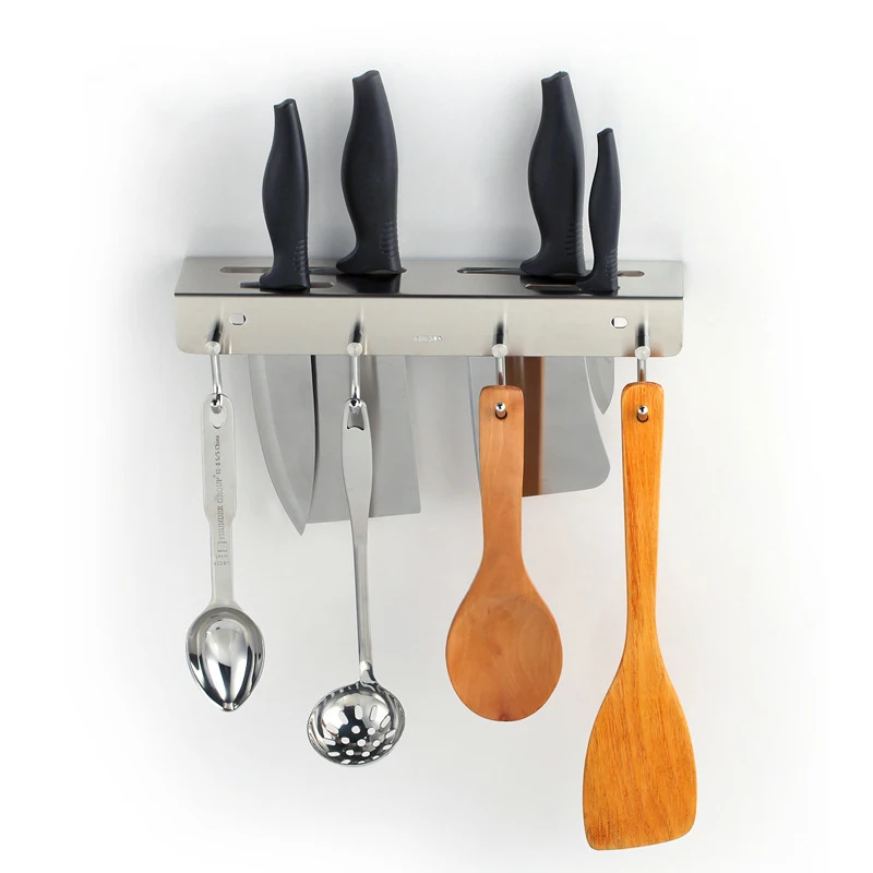 Kitchen wall mounted knife holder with hooks stainless steel material