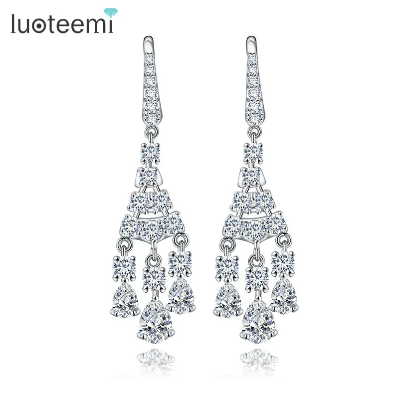 

LUOTEEMI CZ Crystal Dangle Earrings For Wedding Party Bridal Accessories Hook Brincos Trendy White Gold-Color Holiday Jewelry