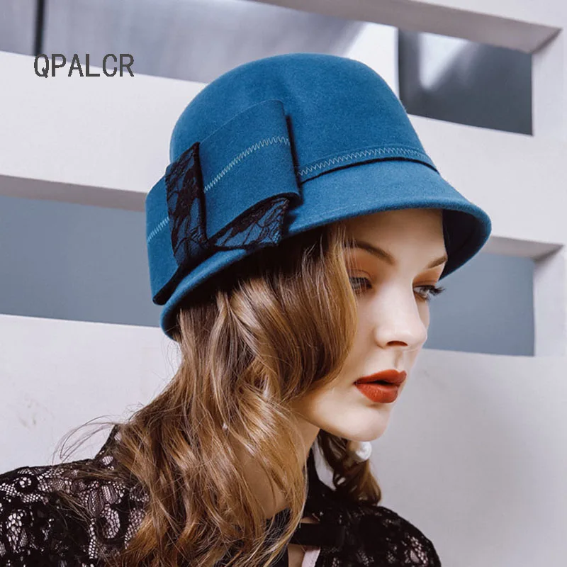 

QPALCR Elegant Ladies Wool Felt Bowler Fedora Hats Black Red Blue Winter Women Large Bowknot Wide Brimmed Church Cloche Hat