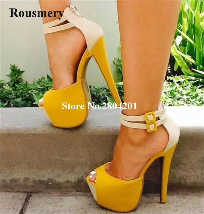 

Hot Lady Sandals Mixed Color Double Buckle Strap Open Toe Stiletto Heel Platform Zipper Yellow Women Pumps Party Dress Shoes