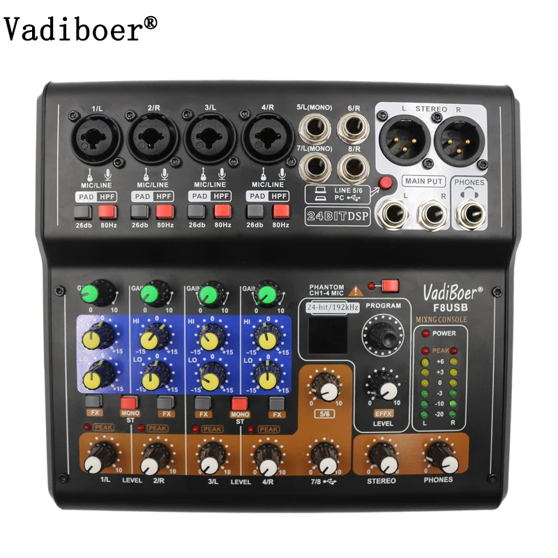 Vadiboer F8 профессиональный 6 микшер каналов консоль с Bluetooth эффект 48 В фантомное питание Мини-сценическая аудио консоль Equipm