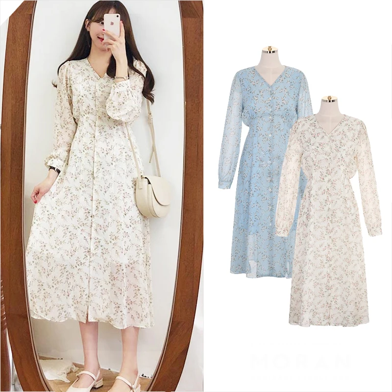 

Spring Little Floral Print Chiffon Dress a Line Buttons Long Dress Vintage Robe Longue Vestido Largo Vestiti Lunga