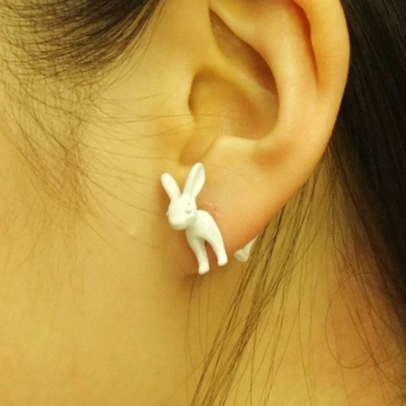 

3*2cm Cute Animal Bunny Ear Stud Punk Rabbit Earrings Women's Fashion Jewelry White Red Color
