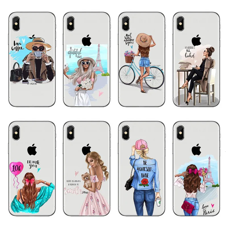 

Fashion Black Brown Hair female white-collar soft TPU Case For iPhone X 8 7 6 6s Plus 5 5s SE Silicone Transparent Woman Cover