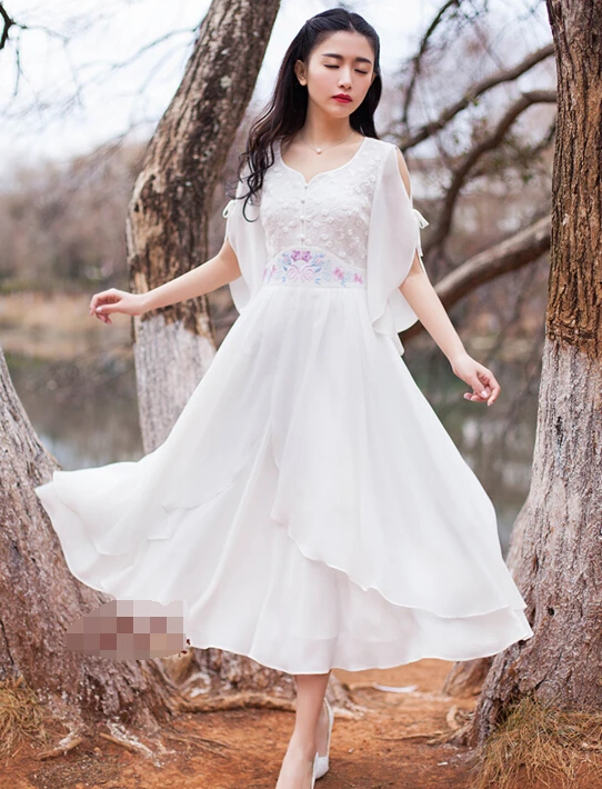 

Free Shipping 2016 Summer New Arrival Retro Flare Sleeve V Collar Flower Embroidery Lace Chiffon Long Dress White
