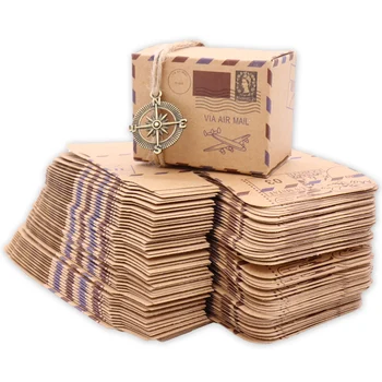 

50pcs New Stamp Design Wedding Vintage Candy Box Chocolate Packaging Kraft Gift Box Wedding Favors and Gifts Bag Party Supplies