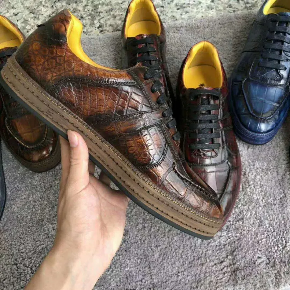 Новинка; качественные мужские модные туфли из натуральной крокодиловой кожи с подкладкой из натуральной воловьей кожи; двухцветные туфли на плоской подошве для отдыха