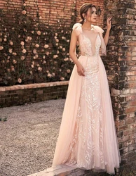 LORIE Light Pink Princess Wedding Dress V Neck Lace Bride Dress A-Line Floor Length Tulle Backless Fairy Boho Wedding Gown LORIE Light Pink Princess Wedding Dress V Neck Lace Bride Dress A-Line Floor Length Tulle Backless Fairy Boho Wedding Gown