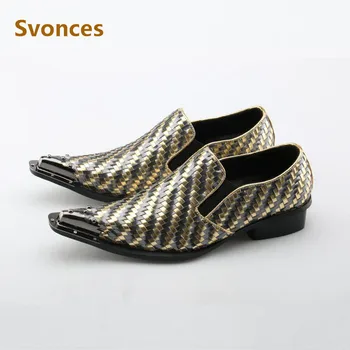 

Gentleman Dressing Shoes Men Leather Fashion Gingham Retro Designer New Male Flats Metal Pointed Toe Party Shoe Plus Size 38-46