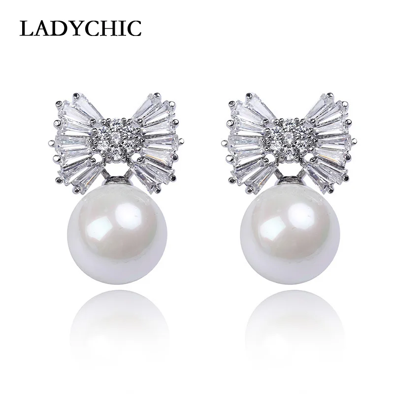 Женские серьги с пресноводным жемчугом LADYCHIC золотистые и Серебристые бантом