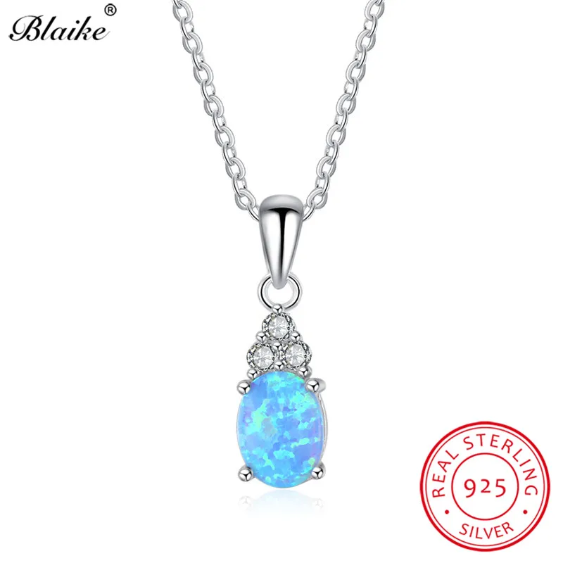 

Blaike 100% Genuine 925 Sterling Silver Oval Blue Fire Opal Pendants White Crystal Birthstone Necklace Women Fine Jewelry Gifts
