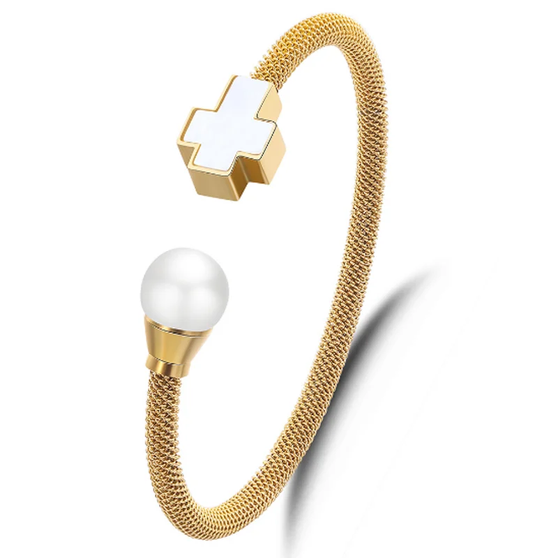 

Fashion Couple Cable Wire Bracelet Trendy Stainless Steel Pearls Cross Cuff Bracelet Bangle Christmas Valentine's Day Gift