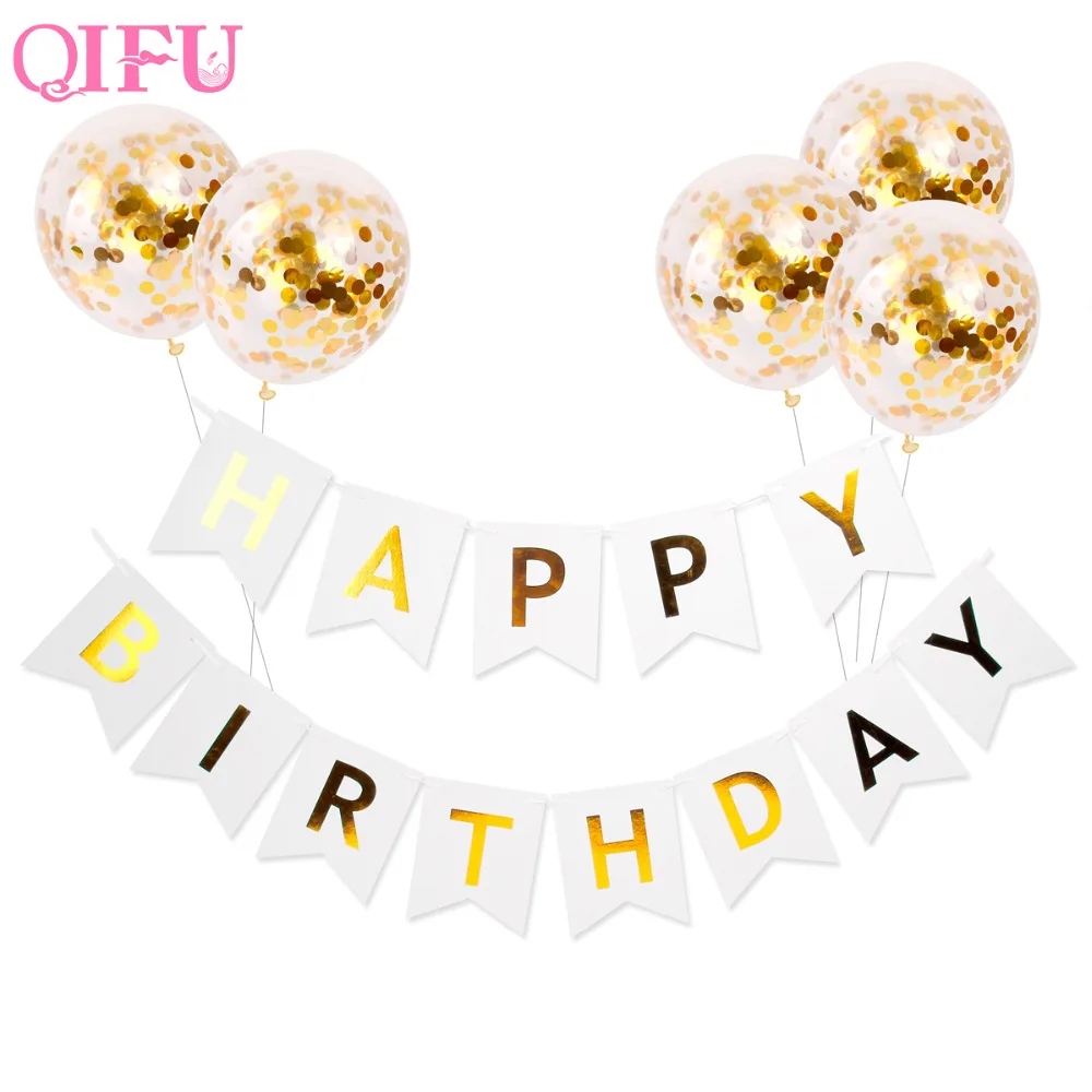 QIFU баннеры растяжки золотые воздушные шары с конфетти розовый белый с днем рождения баннер для девочек и мальчиков Детские вечерние сувениры