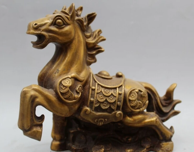

free 9" China Chinese Bronze Fu Wealth Feng shui Zodiac Year Horse Statue Sculpture fast