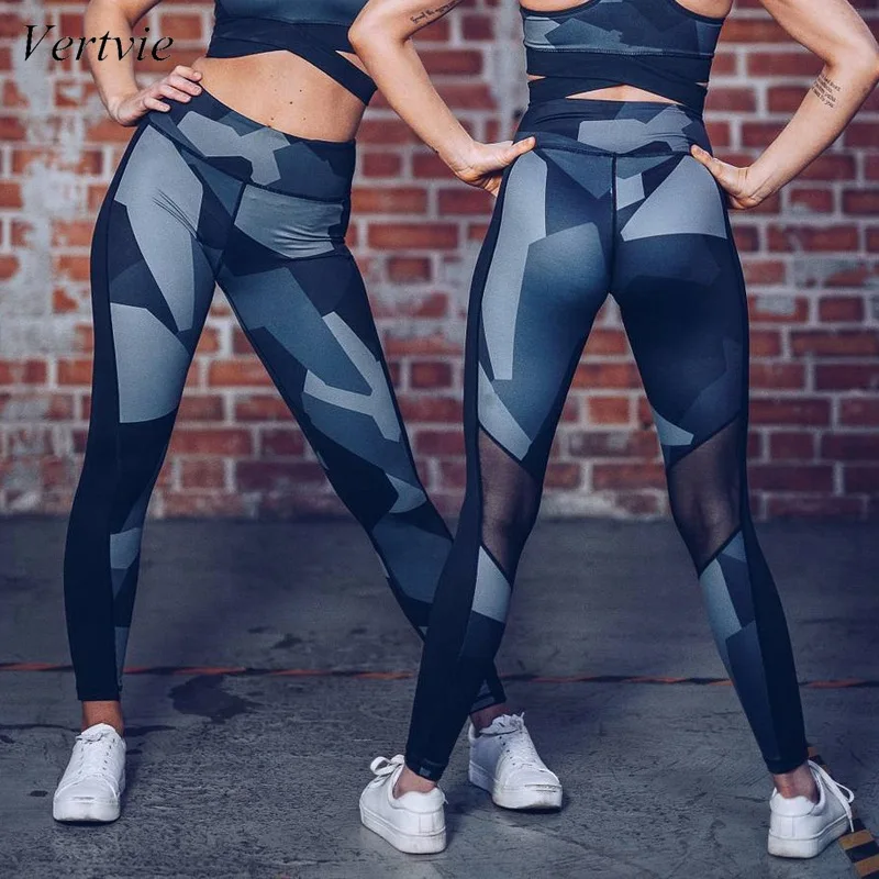 

vertvie 2019 New Print Mesh Patchwork Sexy Women Yoga Pants Slim High Waist Sports Leggings Push Up Gym Fitness Elastic Trousers