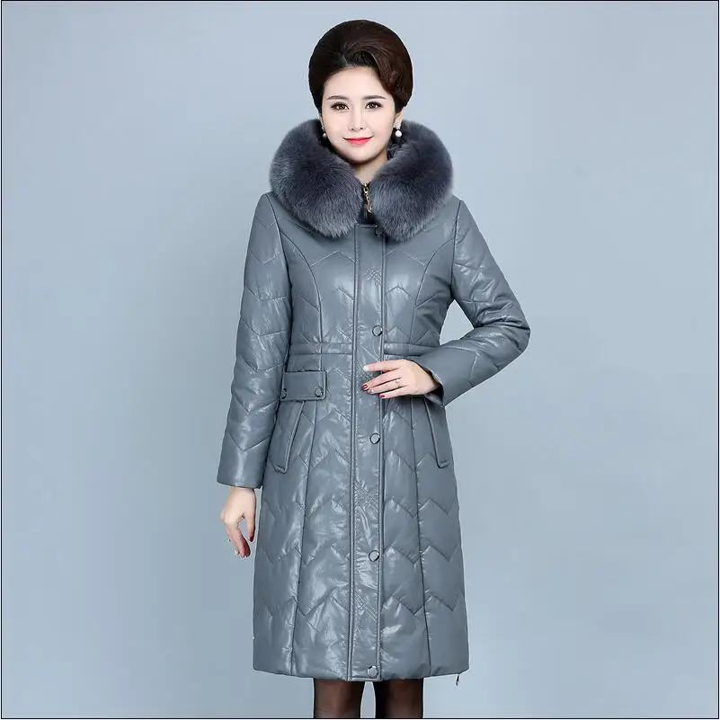 Winter Soft Leather Thicken Warm Jacket Women New PU Parka Large Fur Collar Coats Female Long Parkas Outerwear Large Size 6XL - Цвет: Серый