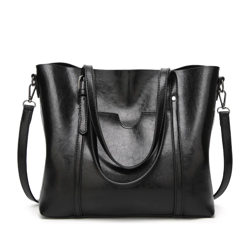 Herald Модные женские кожаные сумки с масляным воском, роскошная женская сумка на плечо с карманом для кошелька, женская сумка-мессенджер, большая сумка-тоут - Цвет: Black