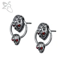ZS Двойные серьги в виде головы черепа с красными циркониевыми глазами, мужские серьги в стиле панк из нержавеющей стали, ювелирные аксессуары для ушей, серьги в стиле хип-хоп