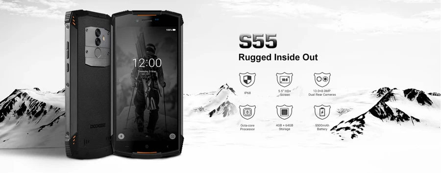 DOOGEE S55 Android 8,0 5,5 ''мобильный телефон 4 ГБ ОЗУ 64 Гб ПЗУ 5500 мАч MTK6750T Восьмиядерный водонепроницаемый отпечаток пальца двойной 13+ 8 Мп OTA