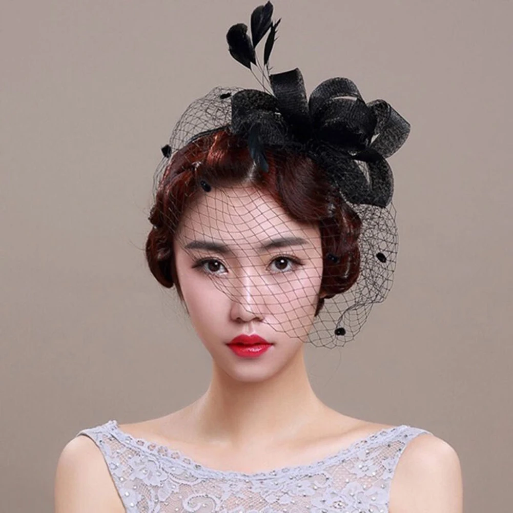 Women Retro Bow Feather Net Veil Wedding Fascinator Hat Clip Hair