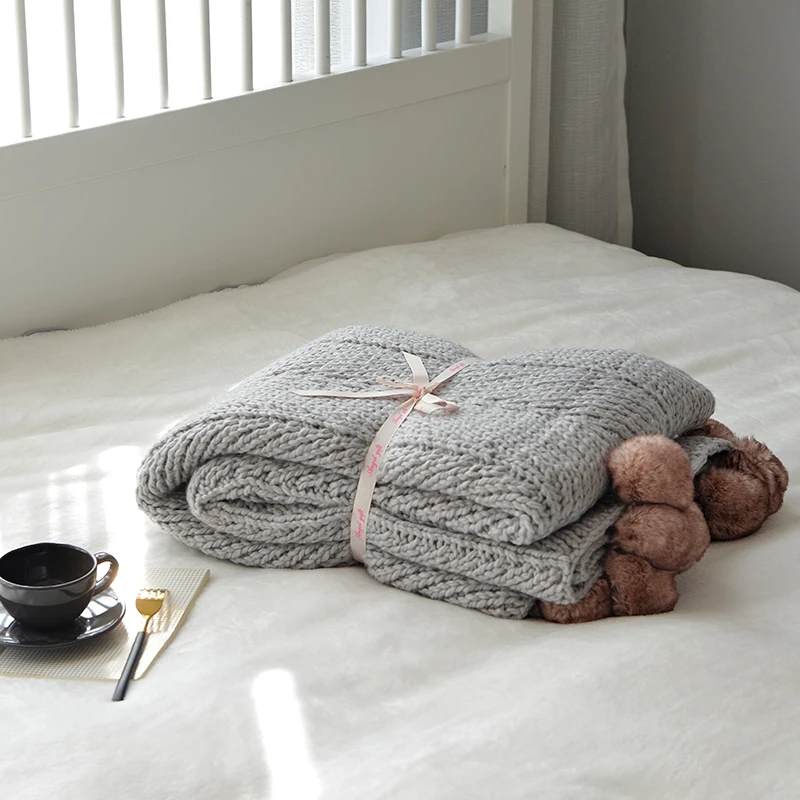 

soft blanket for bed sofa aircondition solid handmade throw fur ball blankets for adult knitted Bedspread quilt