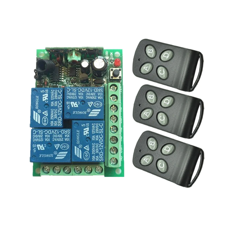 

DC 12V 4 CH 4CH Remote Switch Wireless Control 4 CH Receiver Learning Features + 3 Transmitters 315/433MHz
