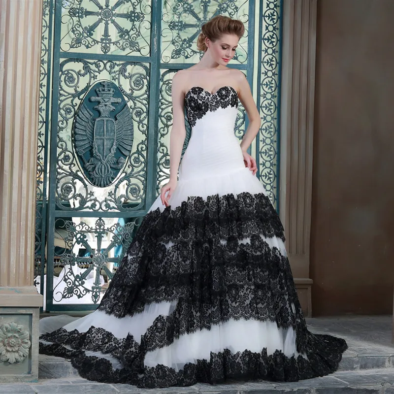 

Vestidos De Novia New Arrival 2019 Sweetheart Lace up Floor Lenth Lace Layered Plus Size Black and White Wedding Dresses