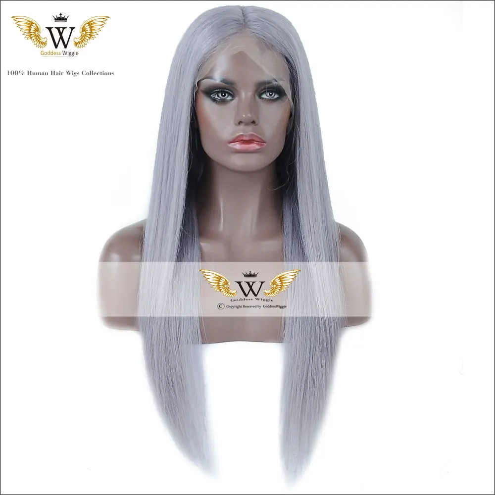 7A 130 Density Brazilian Straight Remy Grey Full Lace Wigs Ombre With