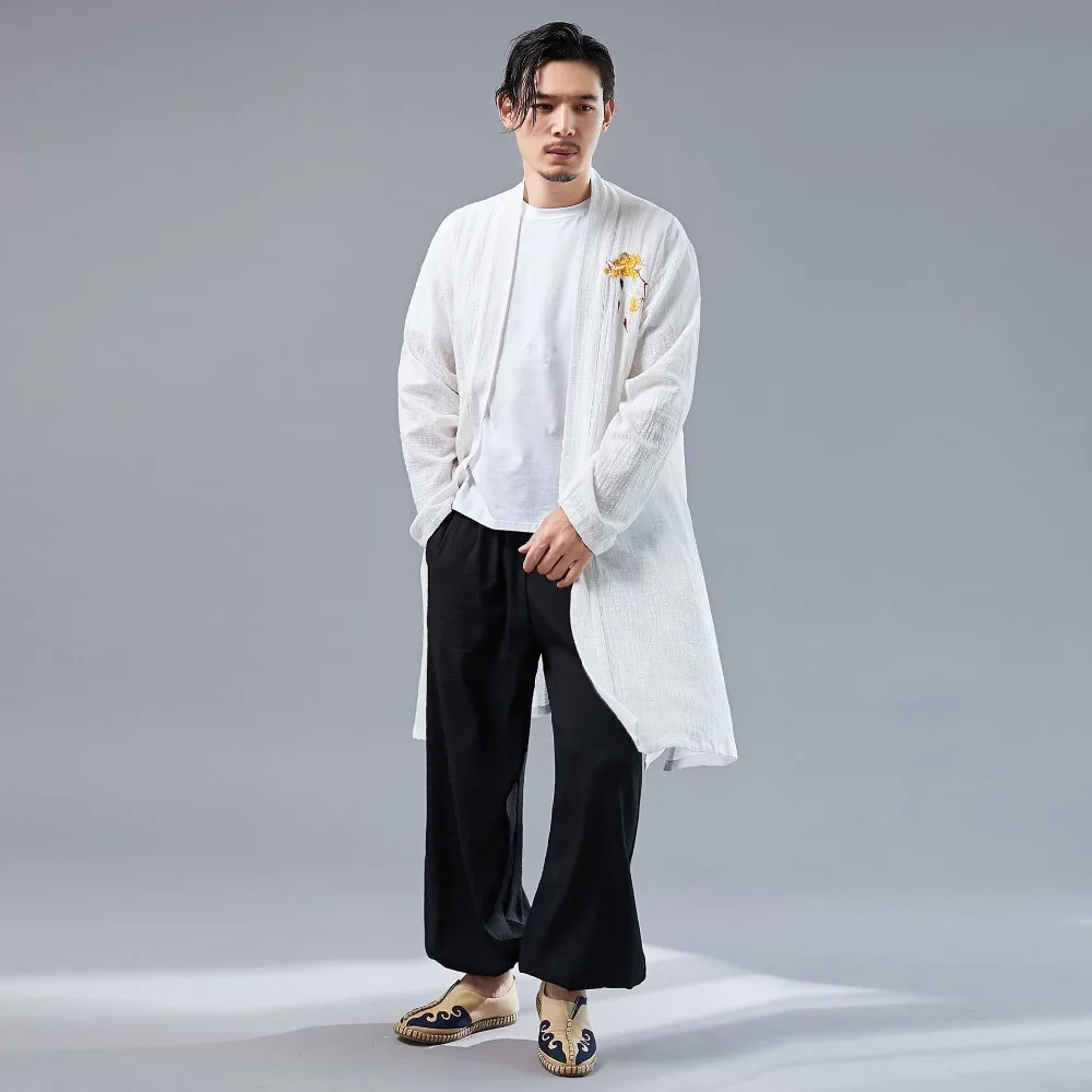 LZJN 2019 Casual Long Sleeve Shirt Summer Men's Vintage Embroidery Kimono Cardigan Cotton Linen Cloak Poncho Open Front Coat (6)