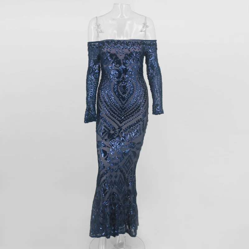 Yissang, длинное женское платье с открытыми плечами и блестками, лето, облегающее Платье макси с длинным рукавом, белое, вечерние, для клуба, выпускного, сексуальное женское платье - Цвет: Синий