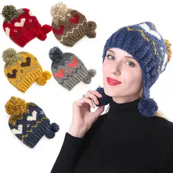 Зимняя теплая шапка с помпонами и ушками, толстая вязаная шапка для женщин и девочек FS99