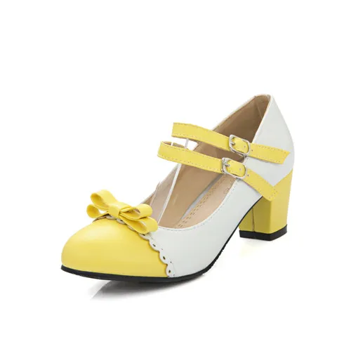 Oratee/Большие размеры 33-43; женские туфли-лодочки; милая обувь с бантом; винтажные вечерние туфли на высоком массивном каблуке; женская обувь для свадебного торжества - Цвет: 4   yellow