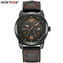 RISTOS Top Luxury Brand Date Leather Casual Watch Men Sports Watches Quartz Military Wrist Watch Male Clock Relogio Masculino