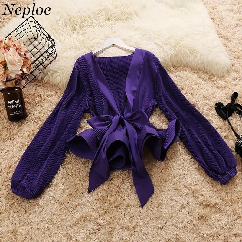 

Neploe Deep V-neck Tunic Shirt Pleated Ruffle Blouse Lantern Sleeve Vintage Womens Top Blouses 2019 Fashion Korean Blusas Mujer