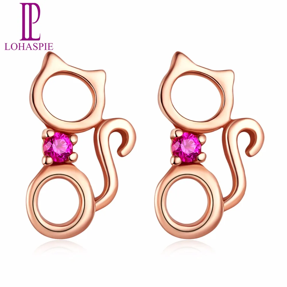 

LP Solid 18K Rose Gold 0.05ct Natural Gemstone Ruby Tiny Sweet Cat Stud Earrings Fine Jewelry For Women's Cutie Gift NEW