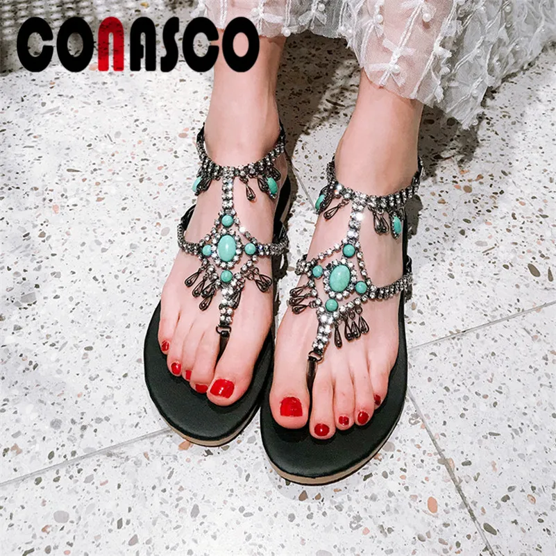 

CONASCO Vintage Ethnic Rhinestone Green Gem Summer Sandals Women Fashion Low Heels Dress Sexy Herringbone Sandals Shoes Woman