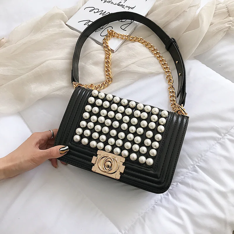 

New Fashion Soft Leather Clutch Bags 2019 Chain Bags with Pearls New Crossbody Bags for Women Simple Female Quality Shoulder Bag