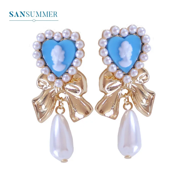 

Sansummer New Hot Fashion Blue Heart Golden Bow Water Drop Pendant Pearl Retro Wind Party Princess Earrings For Women Jewelry