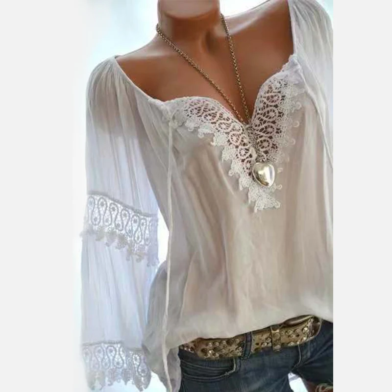 

Lace Patchwork Long Sleeve Womens Shirt Loose Casual Vinatge Feminine Blouse Plus Size 2019 Spring Summer Sexy Blouses Top Women