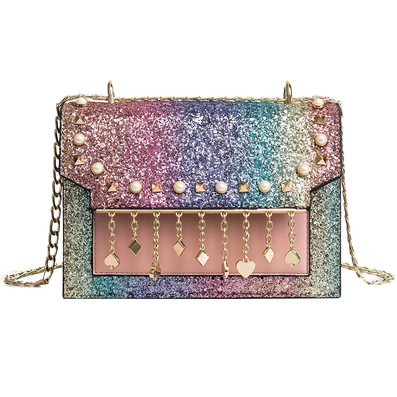 

Women Brand Desinger New PU Leather Rivet Pearl Shoulder Bag Chain Crossbody Bag For Girls Ladies Messenger Bag Sequined 977