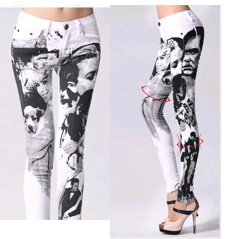 Fashion Printing jeans woman Casual Pencil pants Girl Washed Person Pattern Skinny Long women Jeans Capris